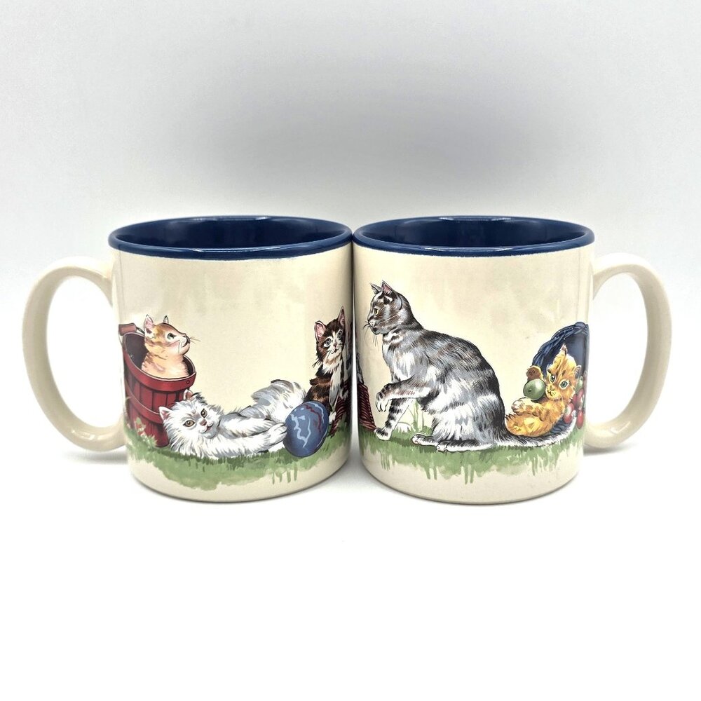 Potpourri Press Cats Kittens At Play Baskets Vintage 1989 Coffee Mugs Cups set 2